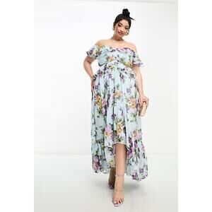 NWT ASOS Curve Ruffle Cut Out High Low Off Shoulder Floral Maxi | Blue | SZ 18